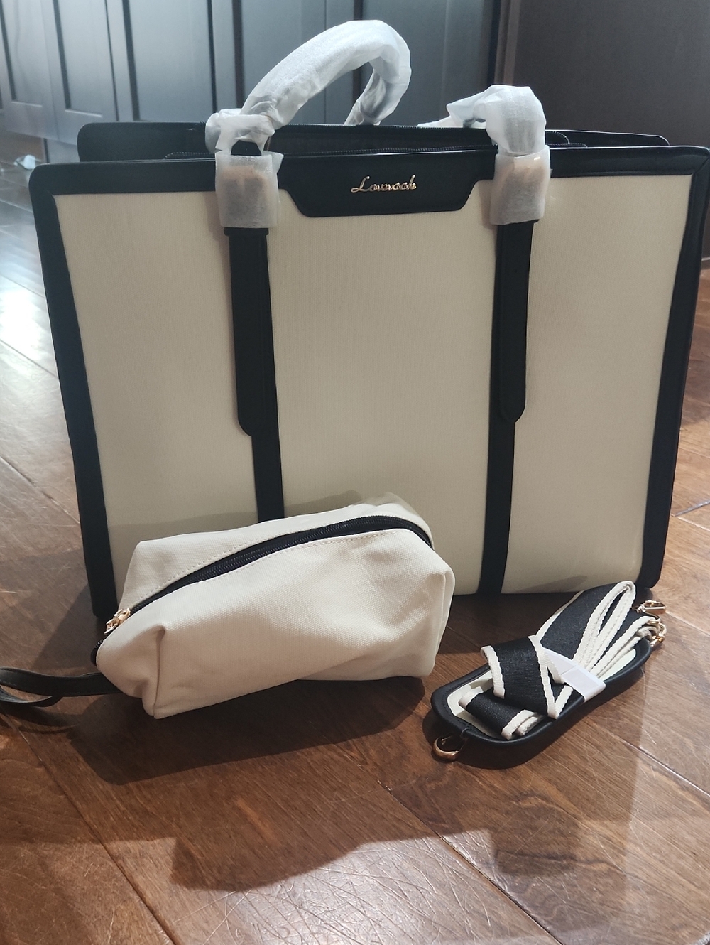LOVEVOOK Cream & Black Structured Tote with Pouch & Shoulder Strap